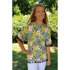 Erma's Closet Blue and Gray Floral Top with Tassel Trim